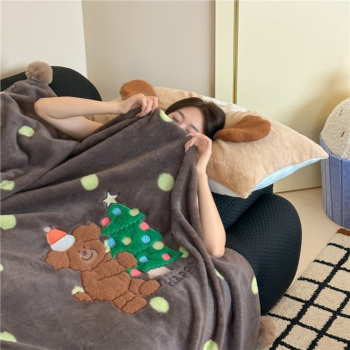 Extra soft microfleece throw blanket with embroidered teddy bear and polka dot design