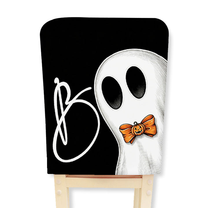 Elastic chair back cover with Halloween skeleton pattern and highly elastic jersey fabric