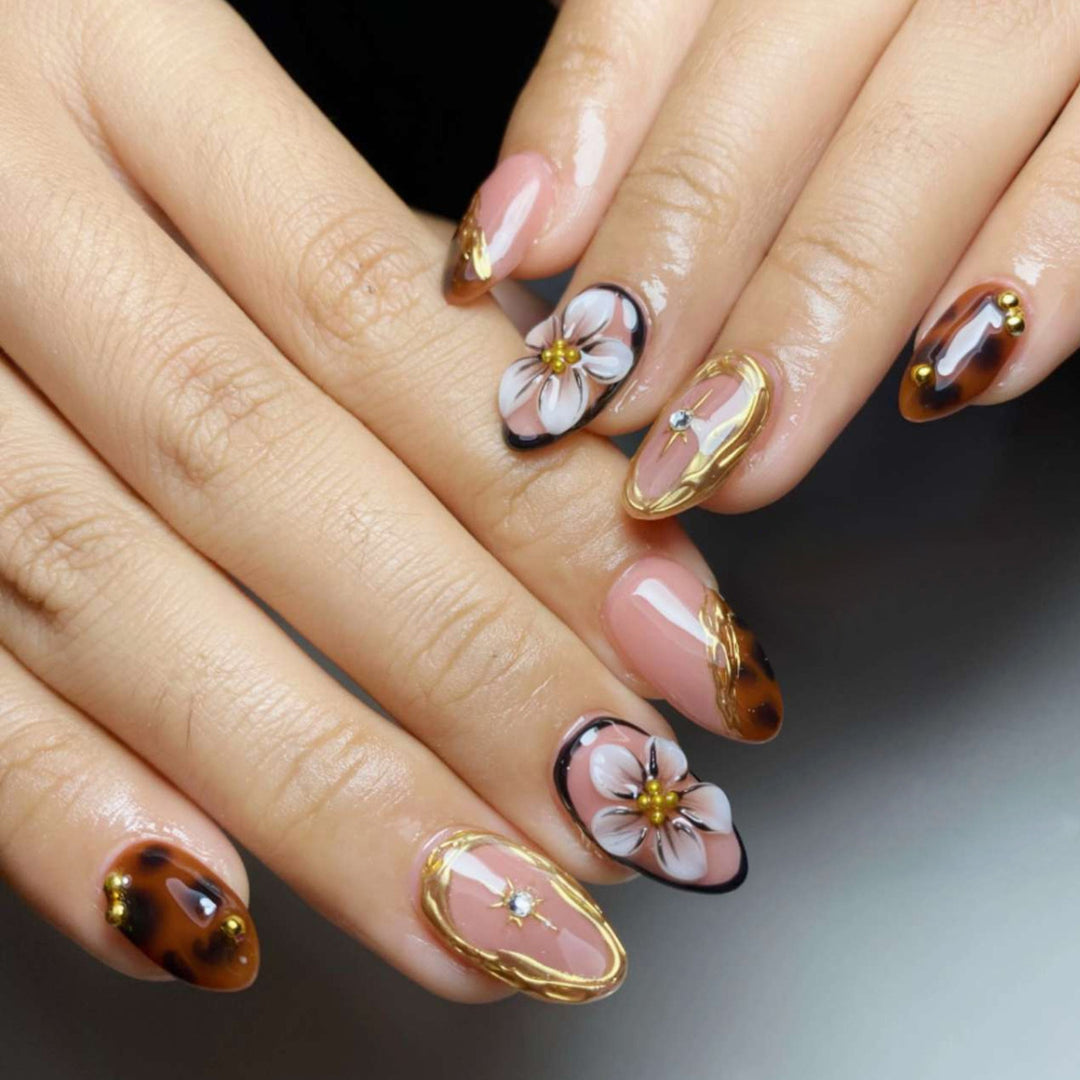 Artistic Floral and Gemstone Press-On Nails