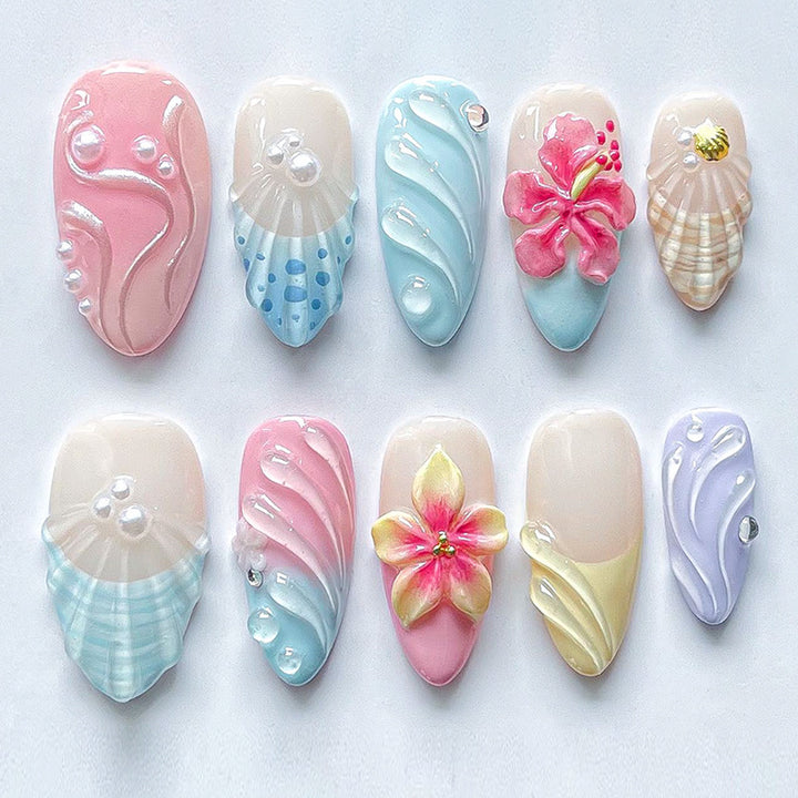 Artificial Nail Set with Eye-Catching Shell and Flower Designs Kalsten