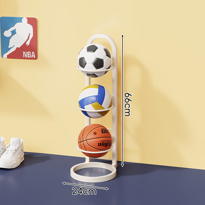 Vertical Sports Ball Storage Rack with Four Hoop Holders and Slim Metal Frame