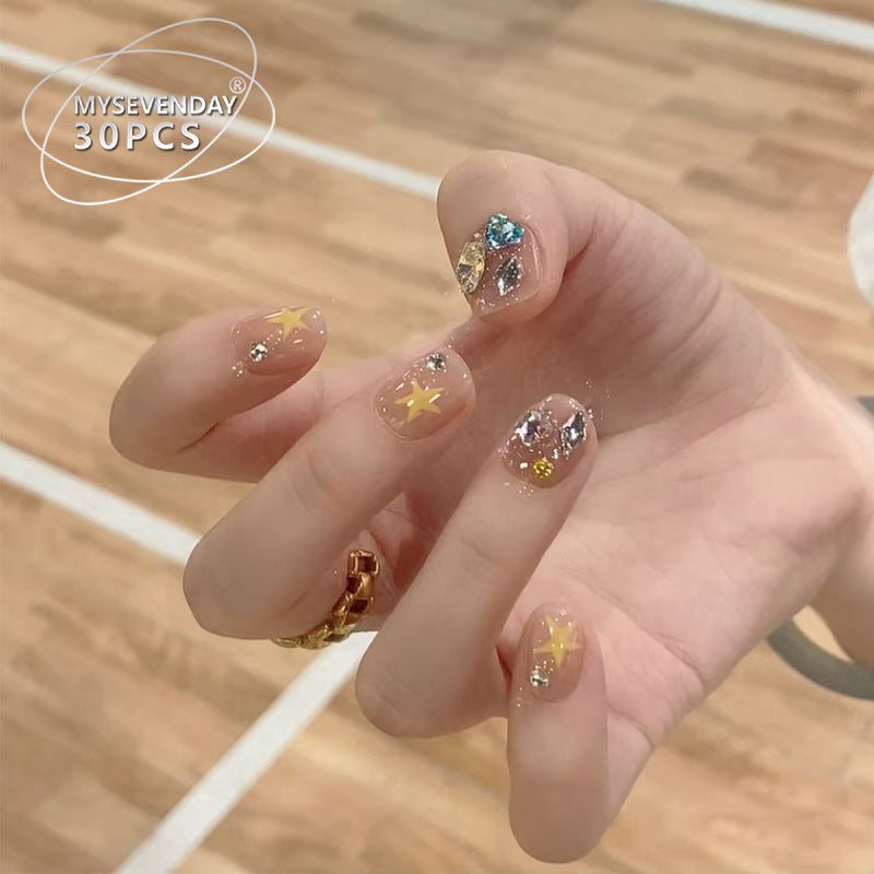 Artistic Press-On Nail Set with Gemstone and Star Accents Kalsten