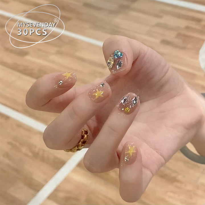 Artistic Press-On Nail Set with Gemstone and Star Accents Kalsten