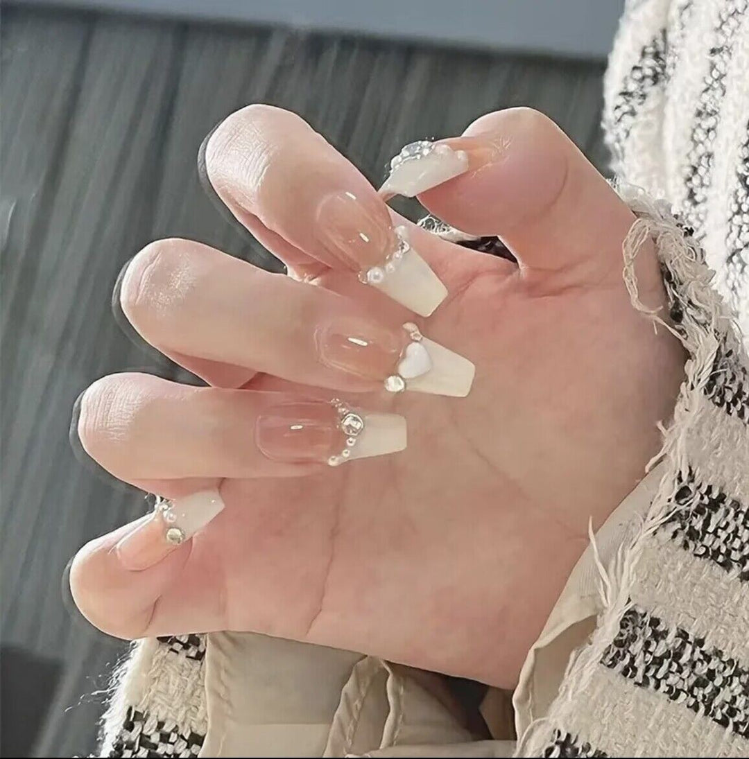 Elegant Press-On Nail Art Set with Pearl and Heart Accents Kalsten