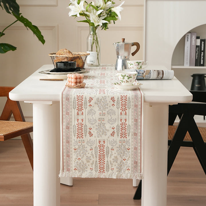 Woven jacquard table runner with floral medallion and fringes Kalsten