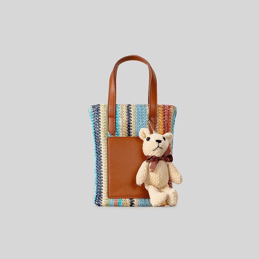 Playful Woven Tote Bag with Teddy Bear Detail
