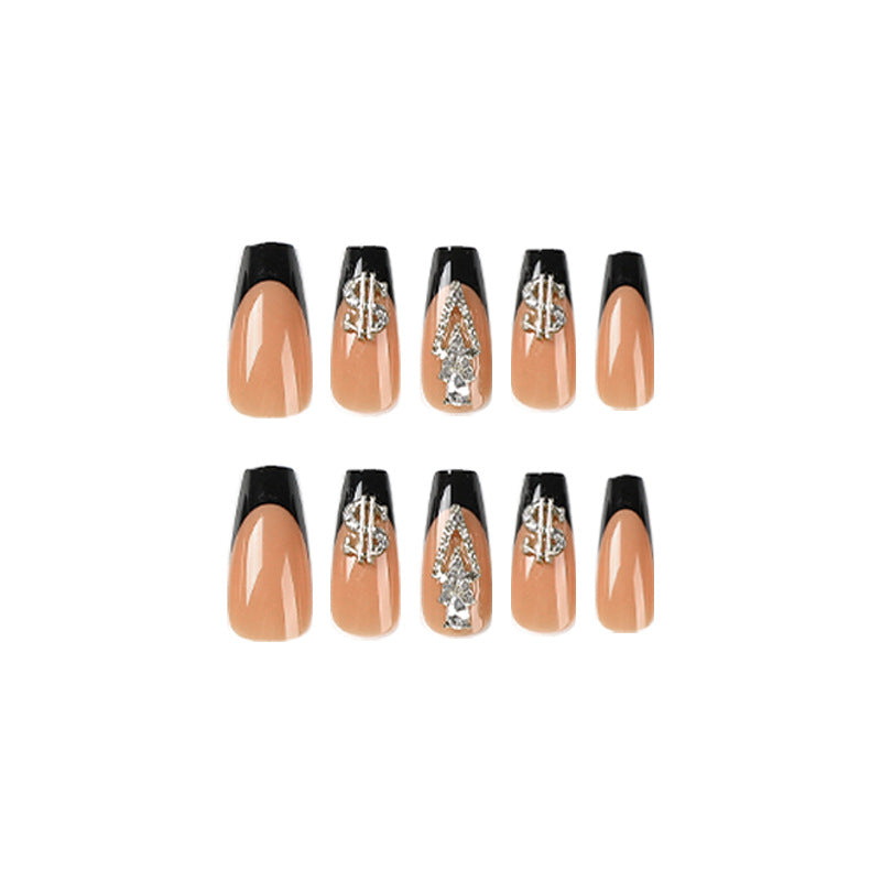 Glamorous artificial nails with rhinestones and black tips Kalsten