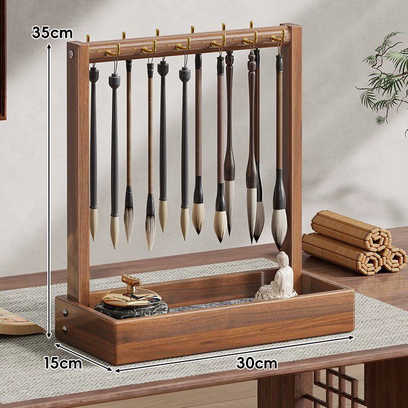 Desktop Wooden Calligraphy Brush Stand with Sand Tray and Hanging Hooks