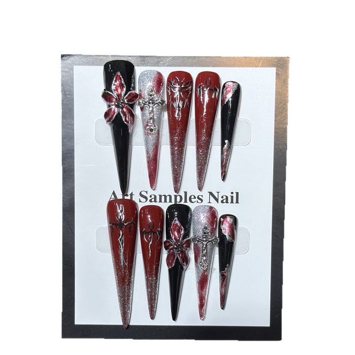 Artistic Stiletto Press-On Nail Set with Unique Gothic Design Elements Kalsten