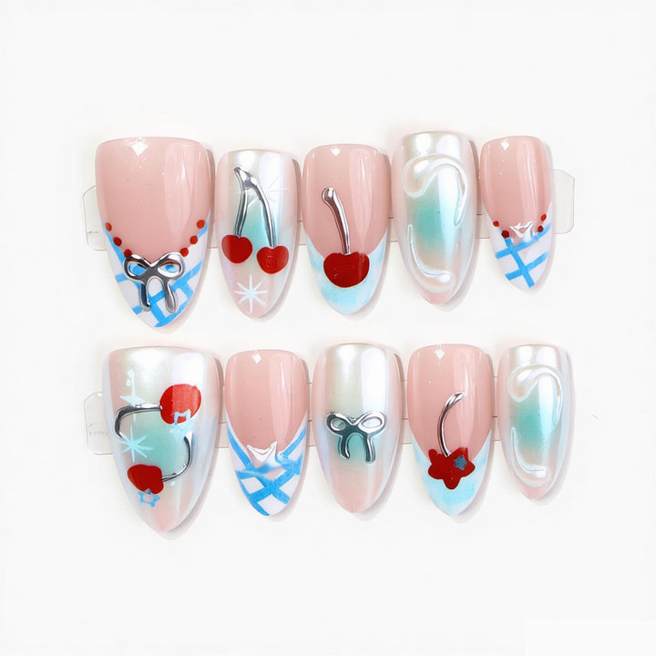 Decorative Press-On Nail Art Set with Charming Cherries and Delicate Accents Kalsten