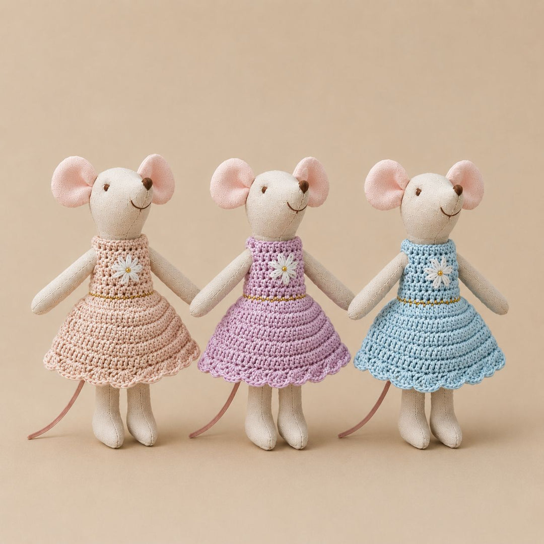 Handcrafted Linen Cotton Mouse Doll with Crochet Dress and Embroidered Flower