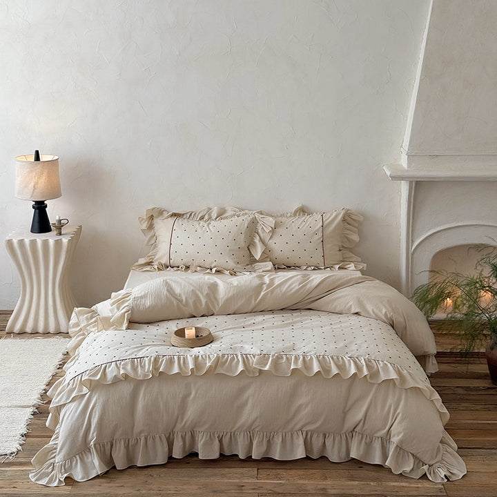 Duvet cover set with ruffle, embroidered dots, and stonewashed cotton finish