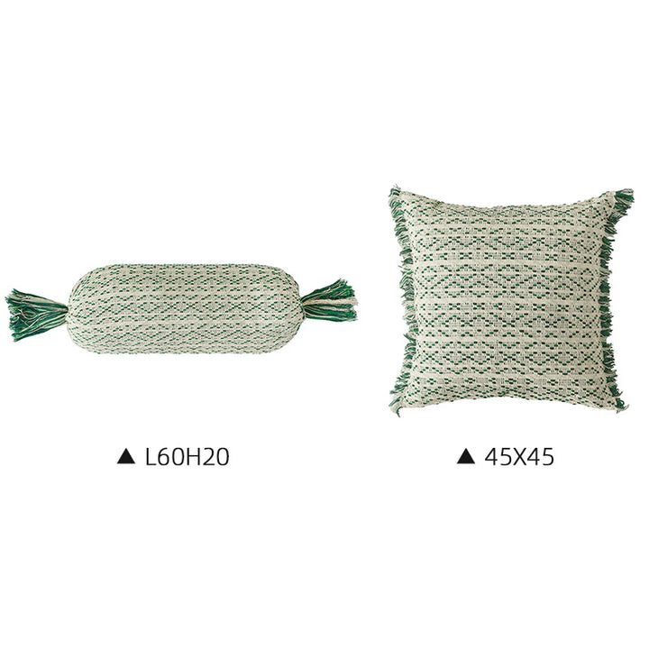 Boho-woven decorative pillow set with cylinder roll and square fringe cover