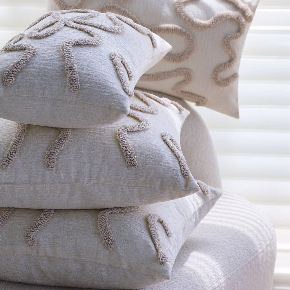 Square decorative cushion cover with hand-tufted bow and wave relief made of cotton-linen mix Kalsten