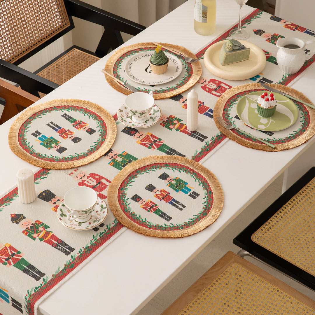 Festive woven table runner with nutcracker motif and golden fringes Kalsten