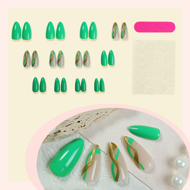Artistic Press-On Nail Set with Eye-Catching Green Patterns kalsten