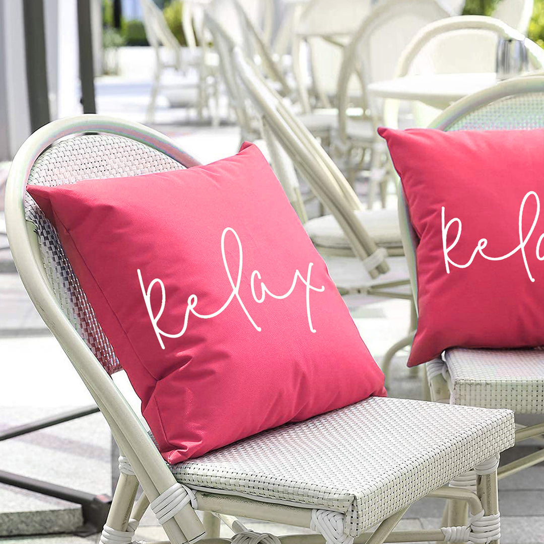 Square Script 'Relax' Outdoor-Ready Throw Pillow Cover with Hidden Zipper