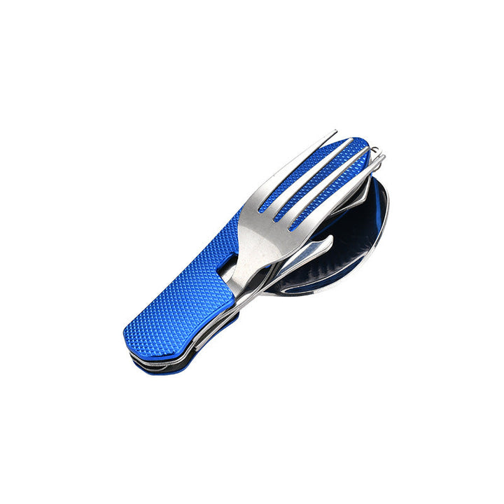 folding stainless steel camping cutlery set with textured grip locking hinge and compact travel clip Kalsten