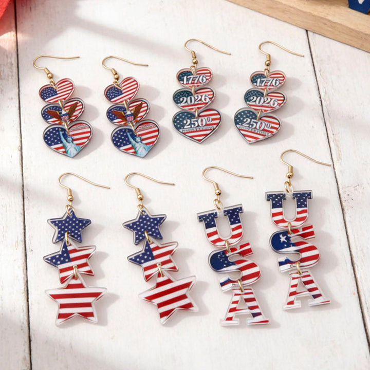 Women's nan patriotic bow dangle acrylic earrings with gold plated hooks and lightweight charm Kalsten