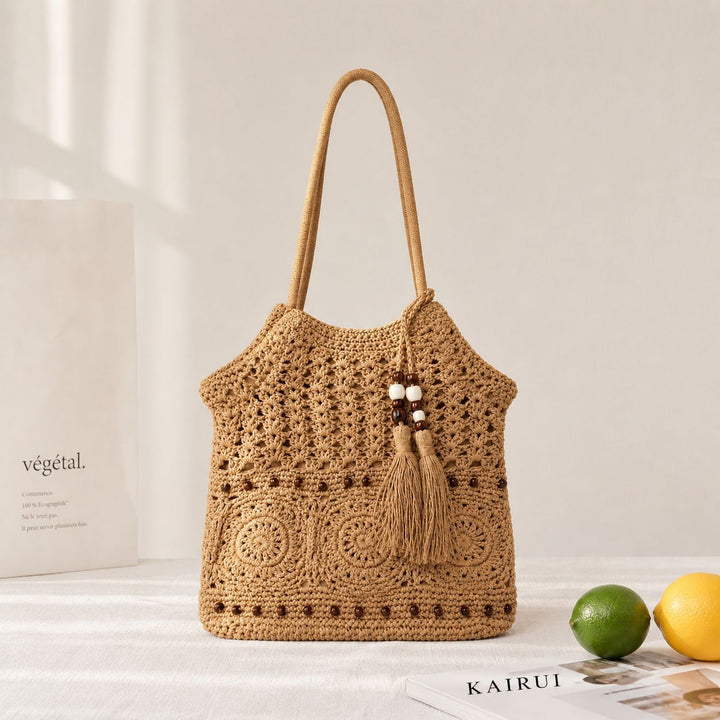 Macrame Drawstring Bag with Playful Tassels and Furniture Structure Kalsten