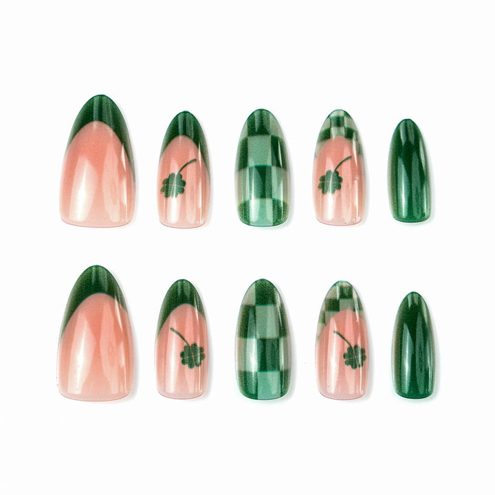 Themed Press-On Nail Art Set with Clover and Plaid Design