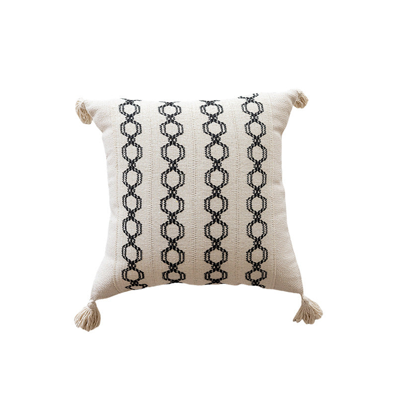 Geometric Handwoven Cotton Throw Pillow with Tassel Corners and Textured Diamond Pattern
