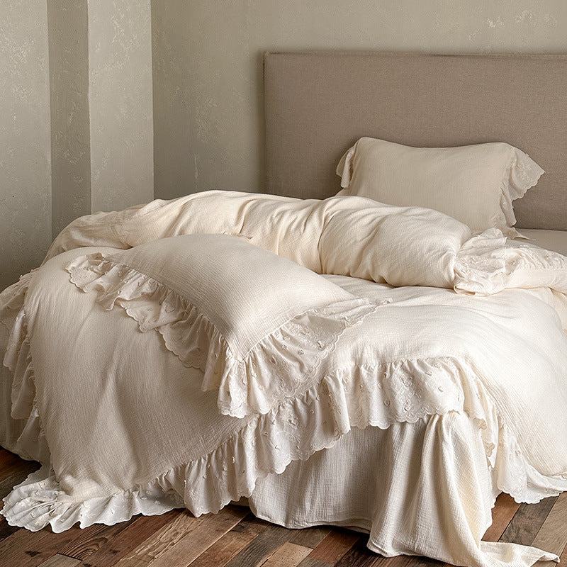Romantic bedding set made of cotton-linen with embroidered lace, ruffle, and bed skirt