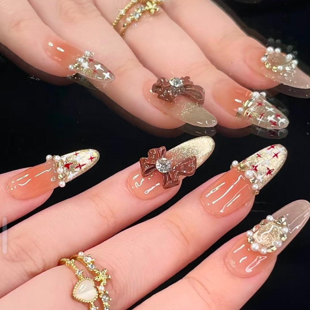 Decorative Bow and Gemstone Press-On Nails Kalsten