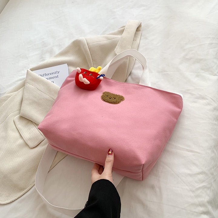 Casual Canvas Tote Bag with Cute Bear Applique