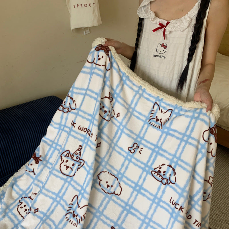 Reversible cuddle blanket with Sherpa fleece, cute dog illustrations and checkered pattern