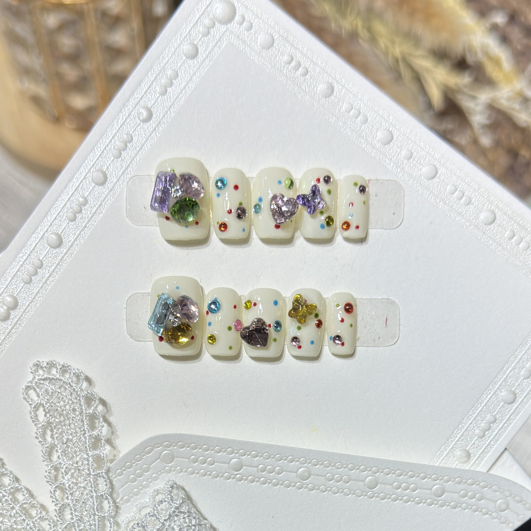 Decorative Press-On Nail Art Set with Colorful Gem Accents Kalsten