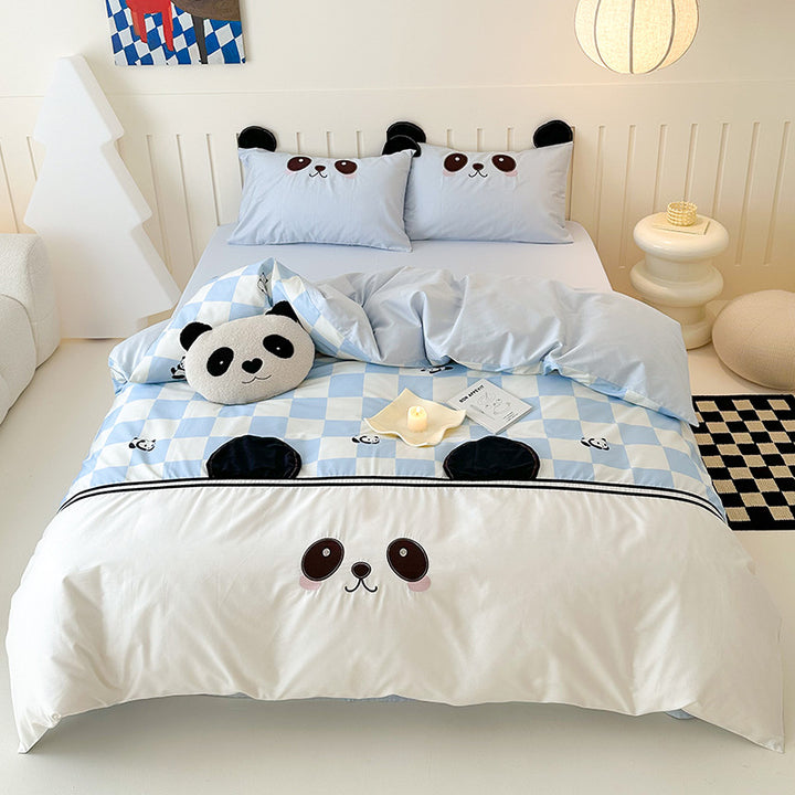 Children's bedding set with check pattern, embroidered panda face and three-dimensional ear appliqués