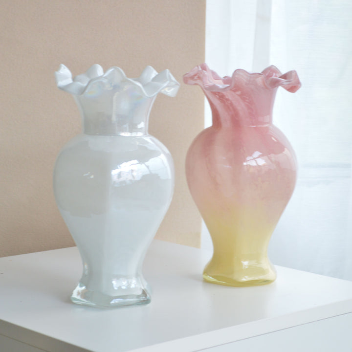 Hand-Blown Ruffled-Rim Art Glass Vase with Ombre Pink Ivory Finish Kalsten