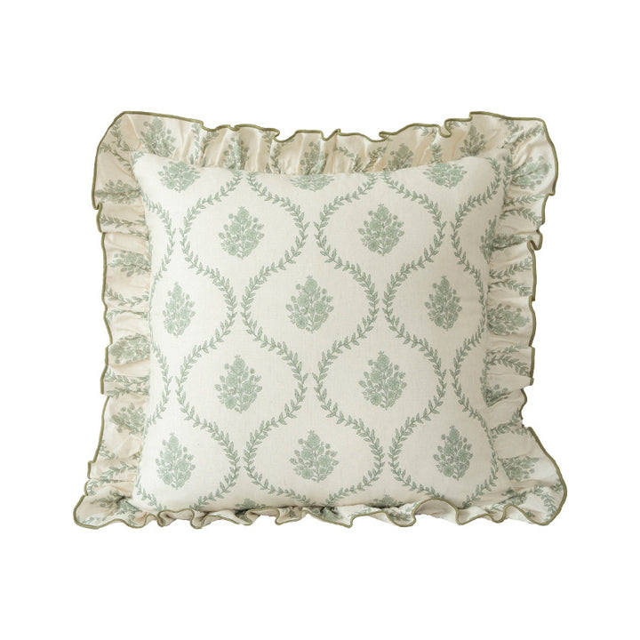 Decorative cushion with ruffles and botanical linen pattern Kalsten
