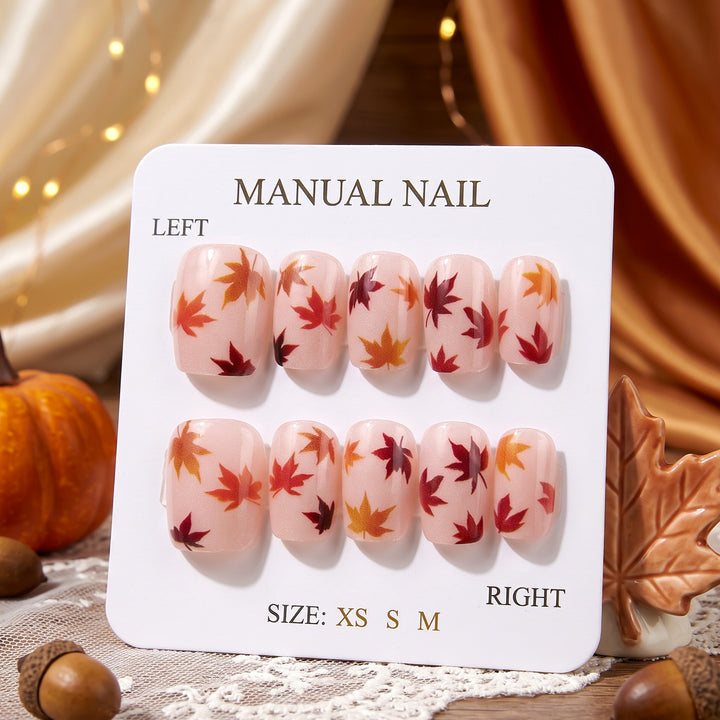Manual Press-On Nail Art Set with Autumn Leaf Designs