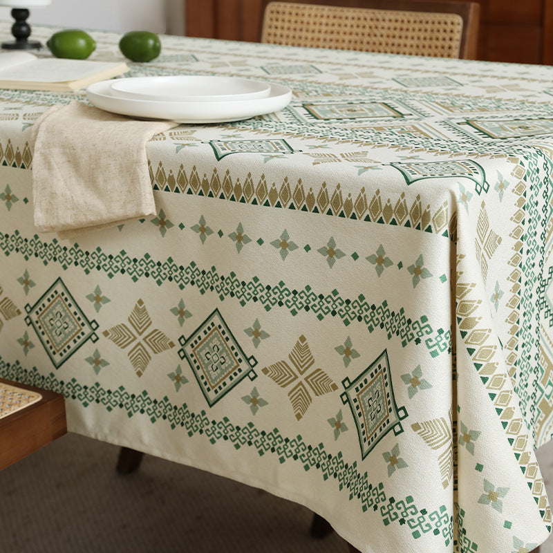 Rectangular Decorative Tablecloth made of Cotton-Linen with Woven Diamond Pattern and Antique-Inspired Border