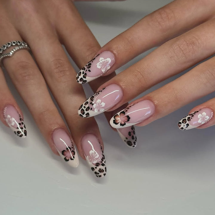 Artistic Press-On Nail Set with Floral and Leopard Design Kalsten