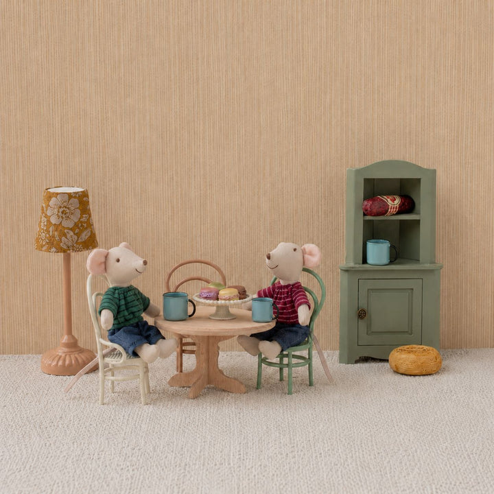 Handmade Plush Mouse Tea Party Playset with Wooden Table, Chairs and Mini Accessories