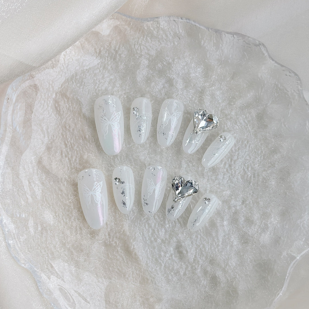 Artistic Press-On Nail Art Set with Butterfly Design and Gem Accents