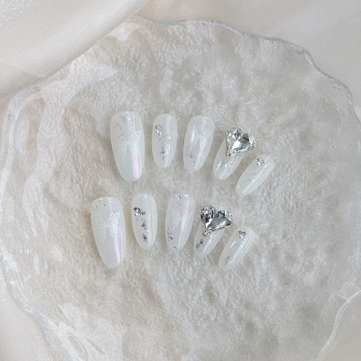 Artistic Press-On Nail Art Set with Butterfly Design and Gem Accents
