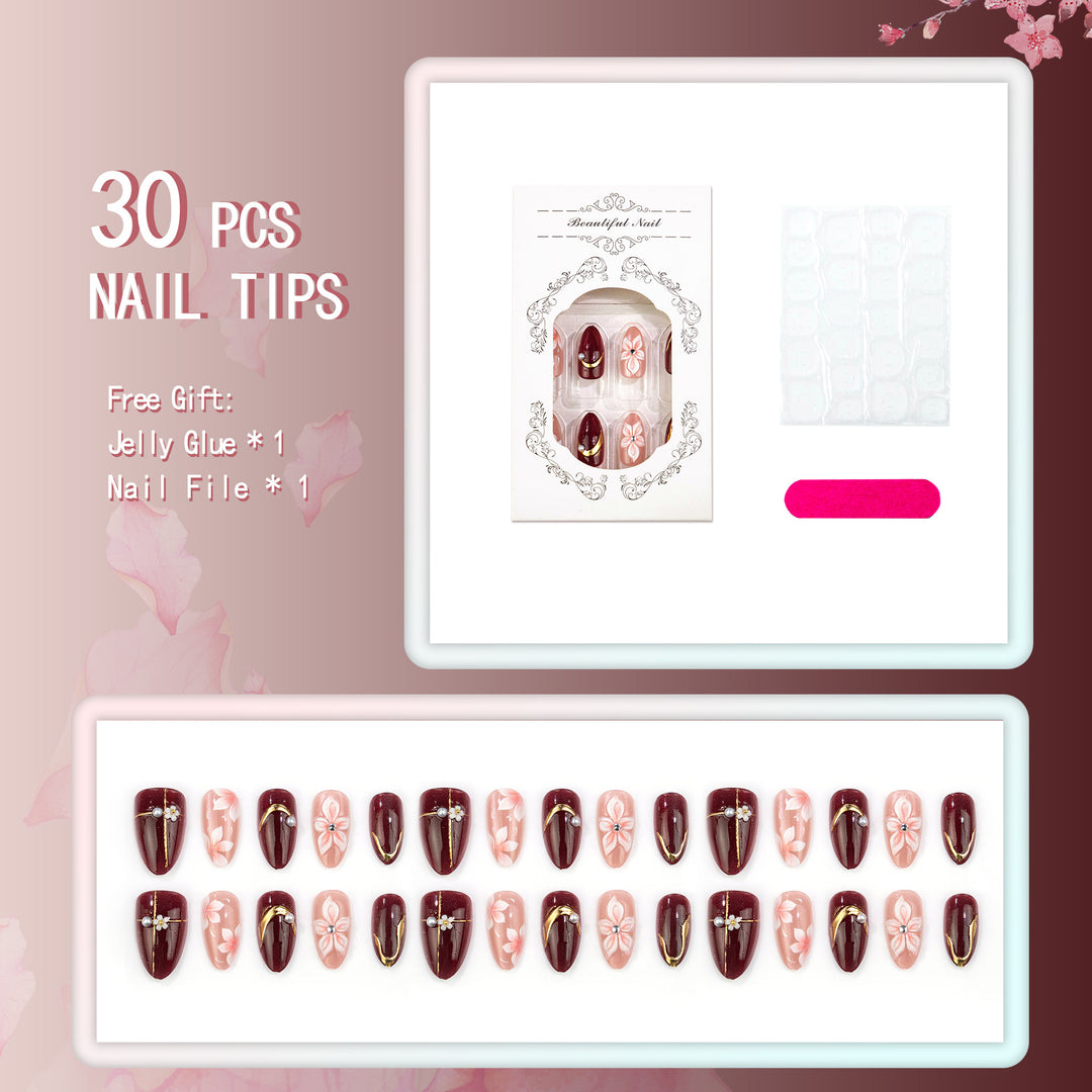 Elegant Press-On Nail Art Set with Floral Accents