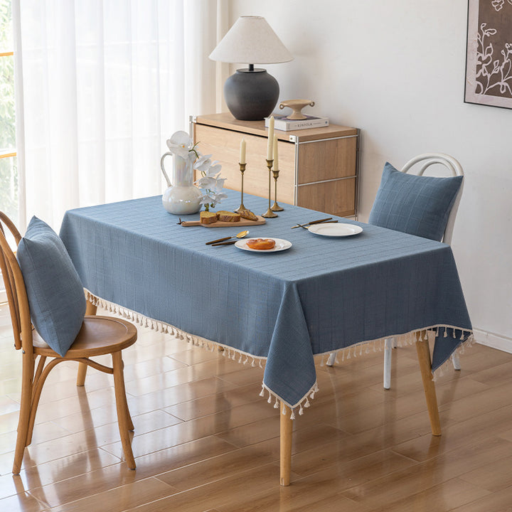 Rectangular Textured Cotton-Linen Tablecloth with Knotted Tassel Fringe and Matching Accent Pillow Covers