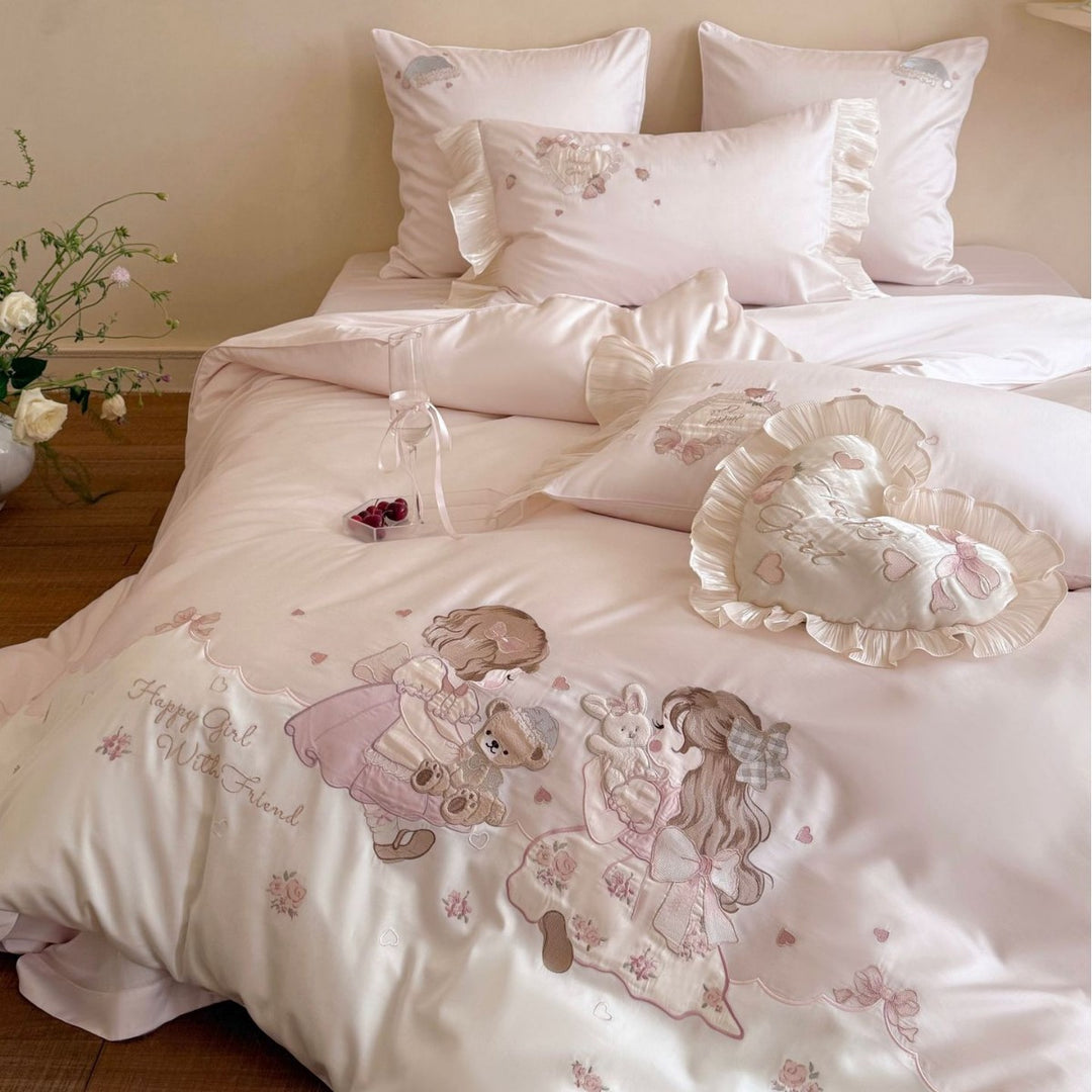 Luxurious embroidered cotton satin bed linen set with ruffles and fairy tale motif Kalsten