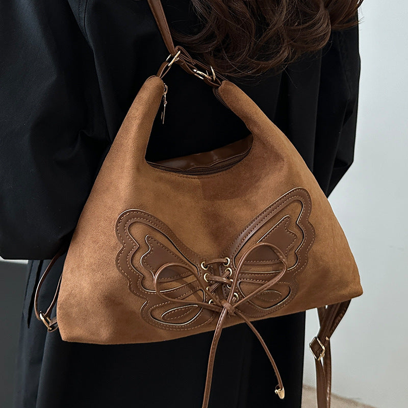 Butterfly Embellished Suede Hobo Bag