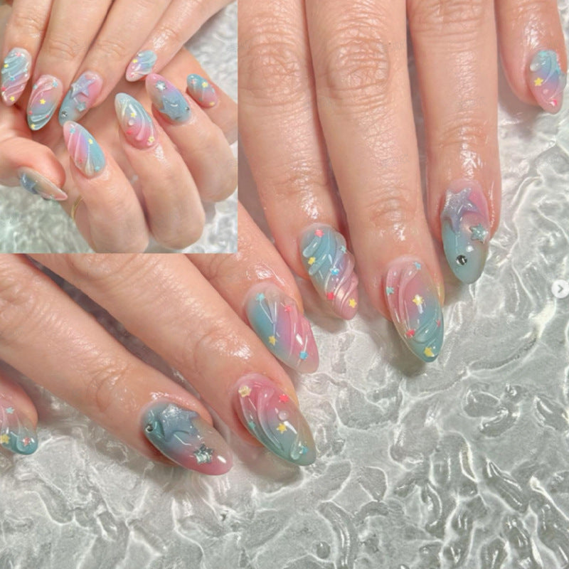 Artistic Press-On Nail Set with Star and Wave Design kalsten
