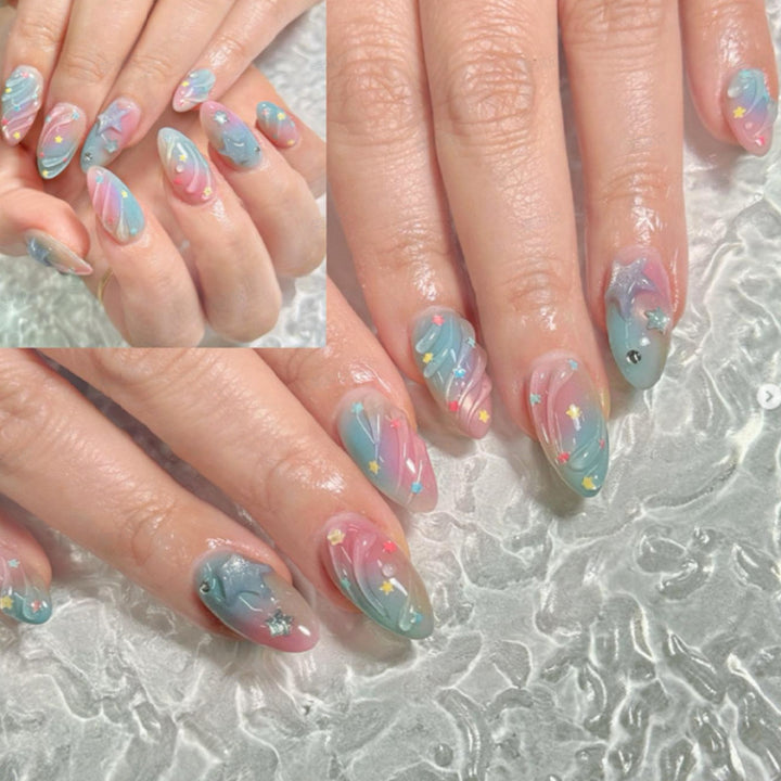 Artistic Press-On Nail Set with Star and Wave Design kalsten