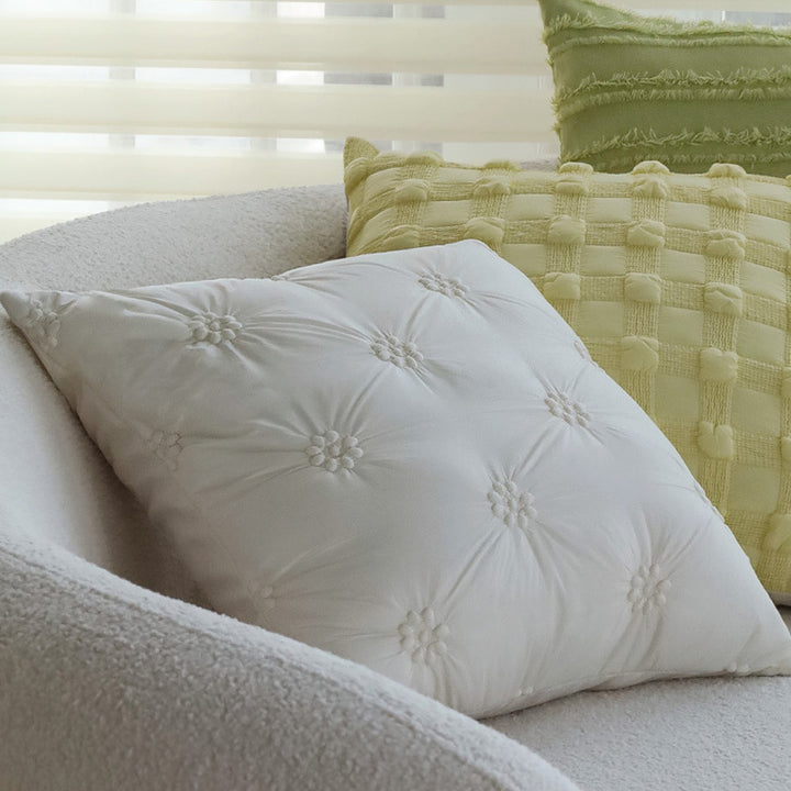 Square decorative pillow cover made of cotton blend with relief rectangular tufts and fringed edge Kalsten