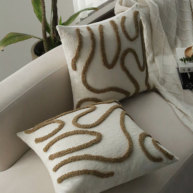 Square decorative cushion cover Kalsten with hand-tufted loop appliqué and fine linen look