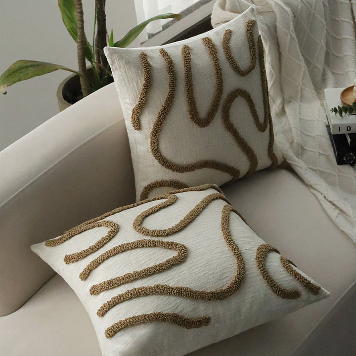 Square decorative cushion cover Kalsten with hand-tufted loop appliqué and fine linen look