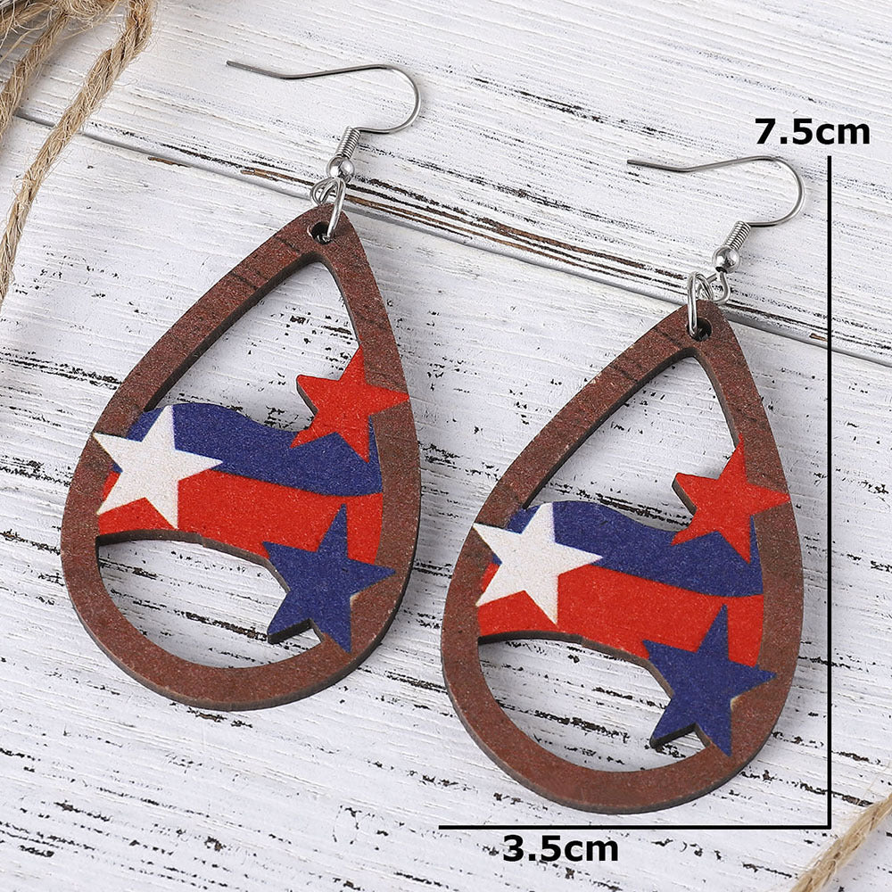 Ladies' nan teardrop-shaped wooden earrings with multi-layer star and stripe appliqué and nickel-free ear hooks Kalsten